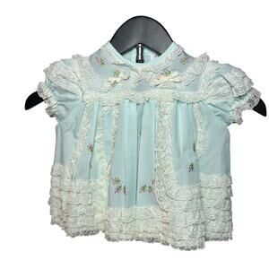 VTG Mayfair Baby Dress Light Blue 12M Lace Floral Embroidery Coquette Cottage